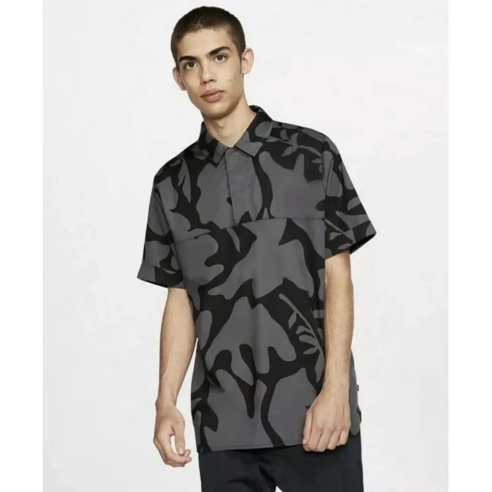 Rare Nike SB ALL Over Print Polo Shirt Black & Gray Design Men's XL